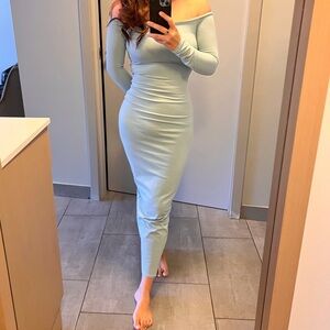 SKIMS Light Blue Off-Shoulder Long Sleeve Dress | S